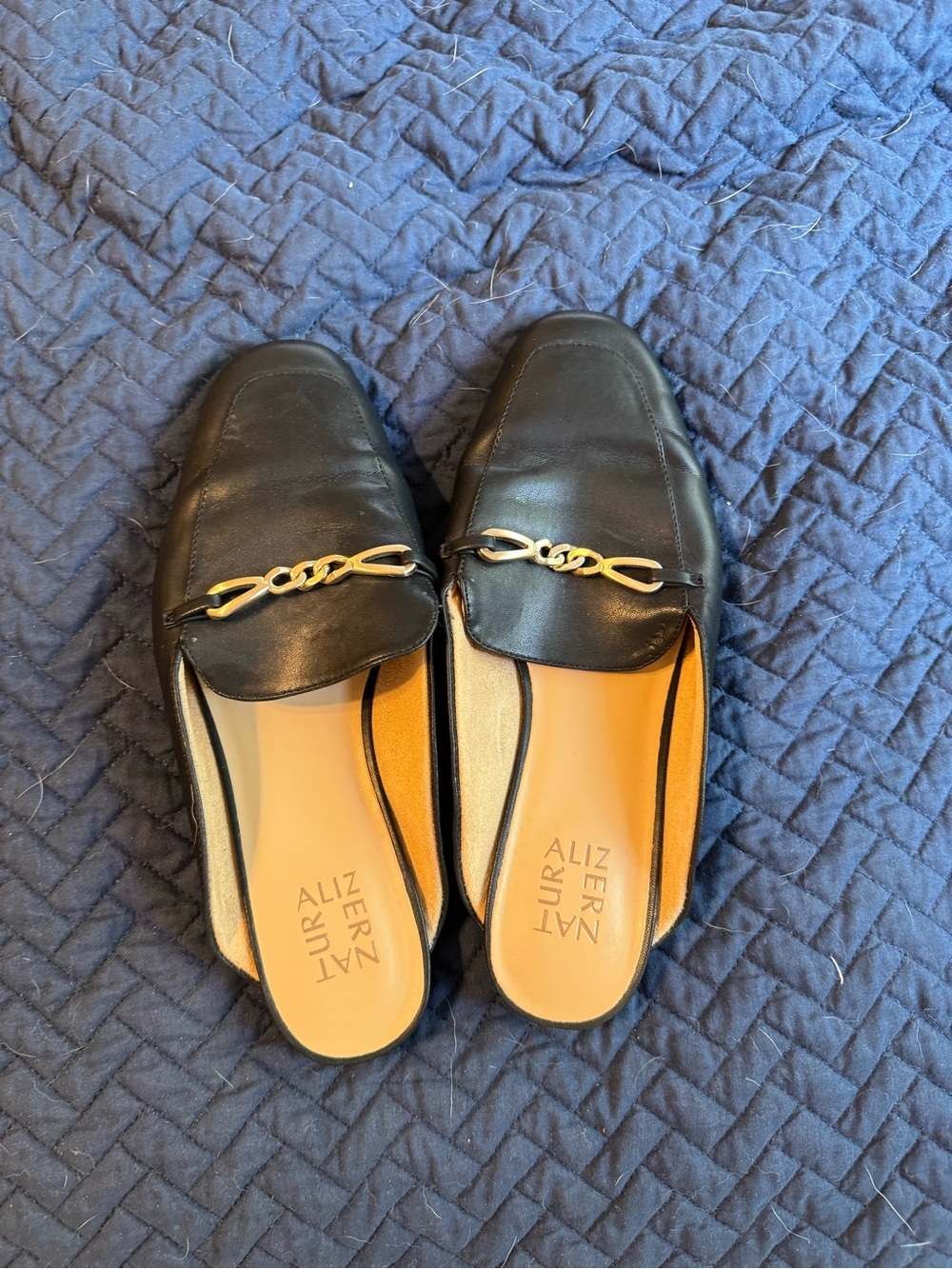 Naturalizer Black Leather Slip-On Mules with Gold Hardware